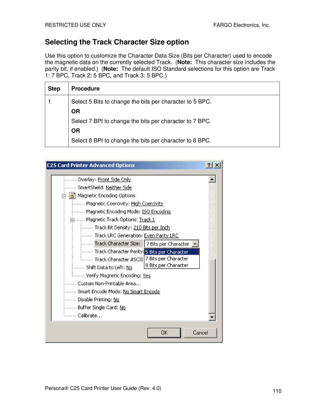 FARGO electronic S000256 manual Selecting the Track Character Size option 