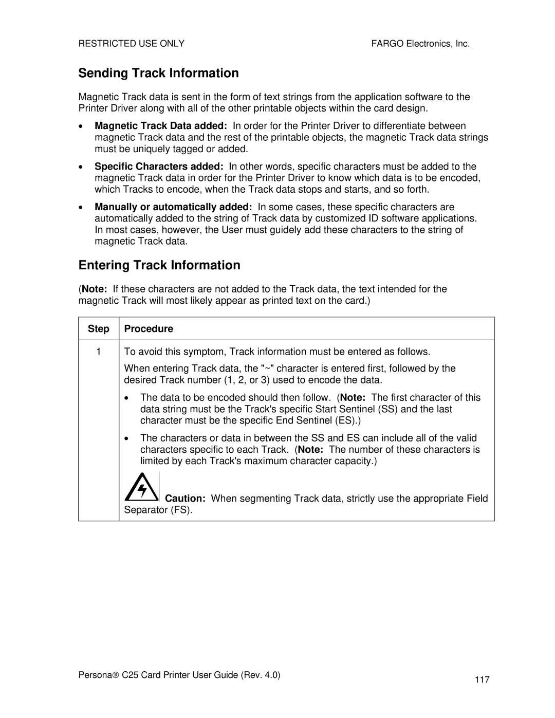 FARGO electronic S000256 manual Sending Track Information, Entering Track Information 