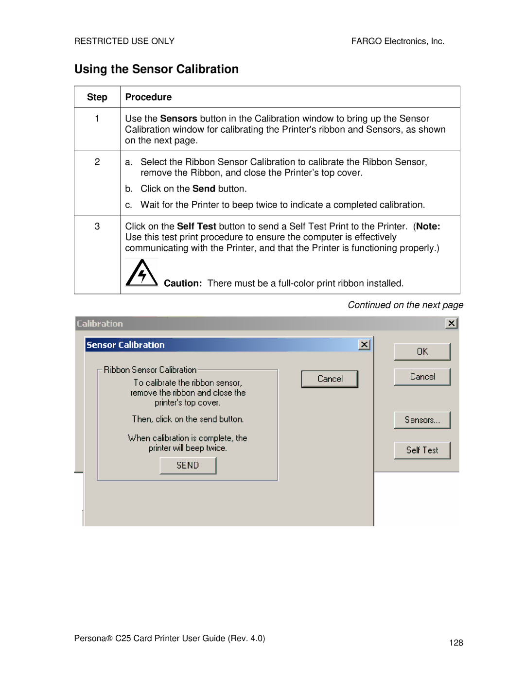 FARGO electronic S000256 manual Using the Sensor Calibration, Procedure 