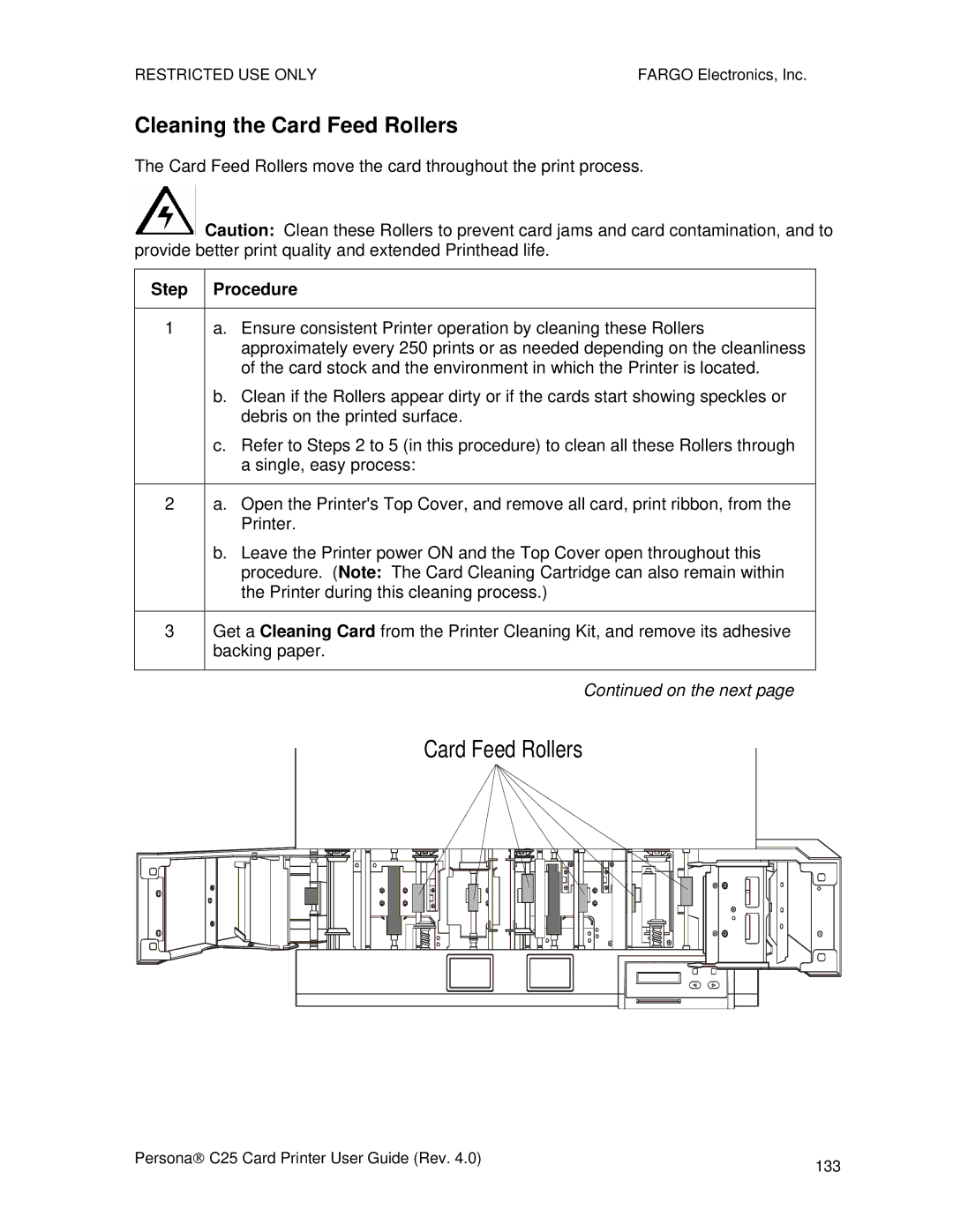 FARGO electronic S000256 manual Cleaning the Card Feed Rollers 