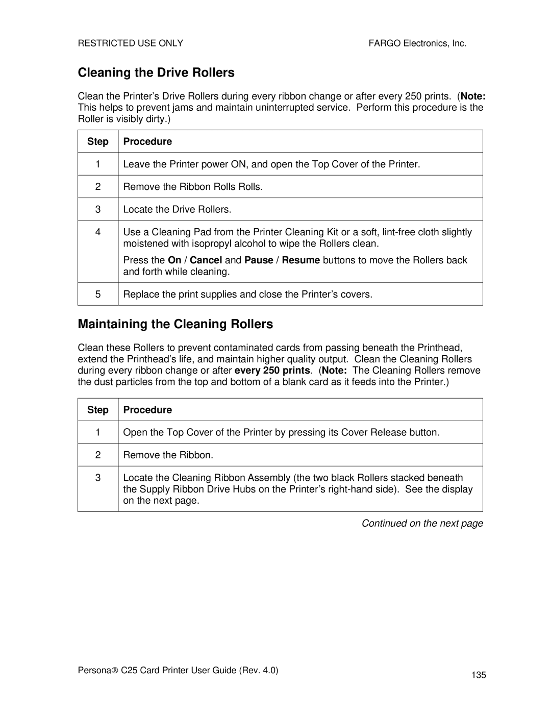 FARGO electronic S000256 manual Cleaning the Drive Rollers, Maintaining the Cleaning Rollers 