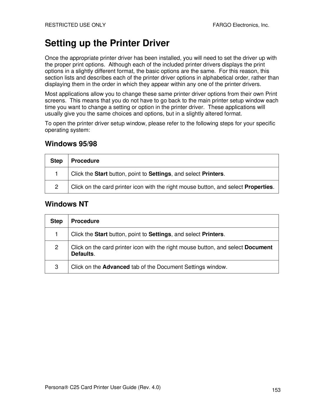 FARGO electronic S000256 manual Setting up the Printer Driver, Windows 95/98, Windows NT 