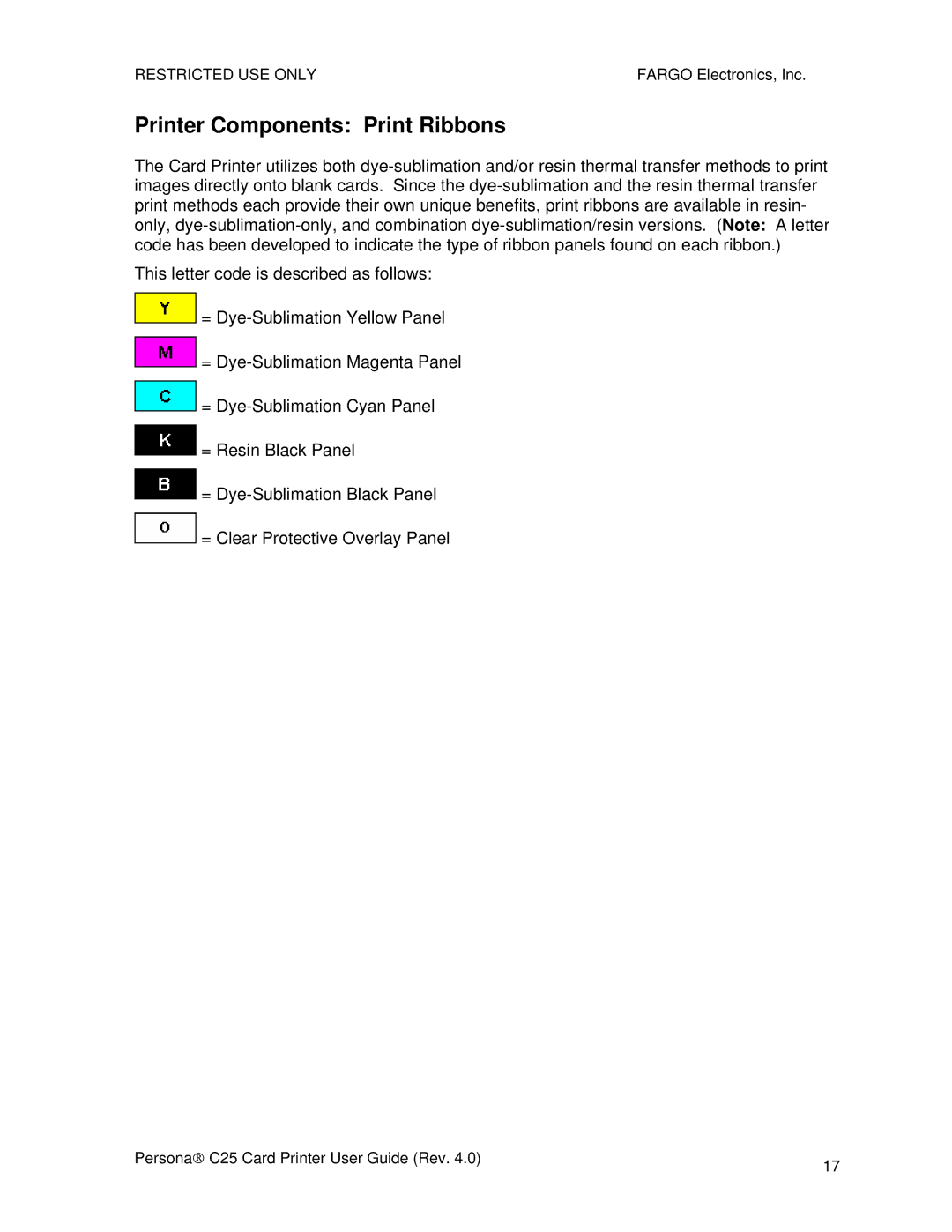 FARGO electronic S000256 manual Printer Components Print Ribbons 