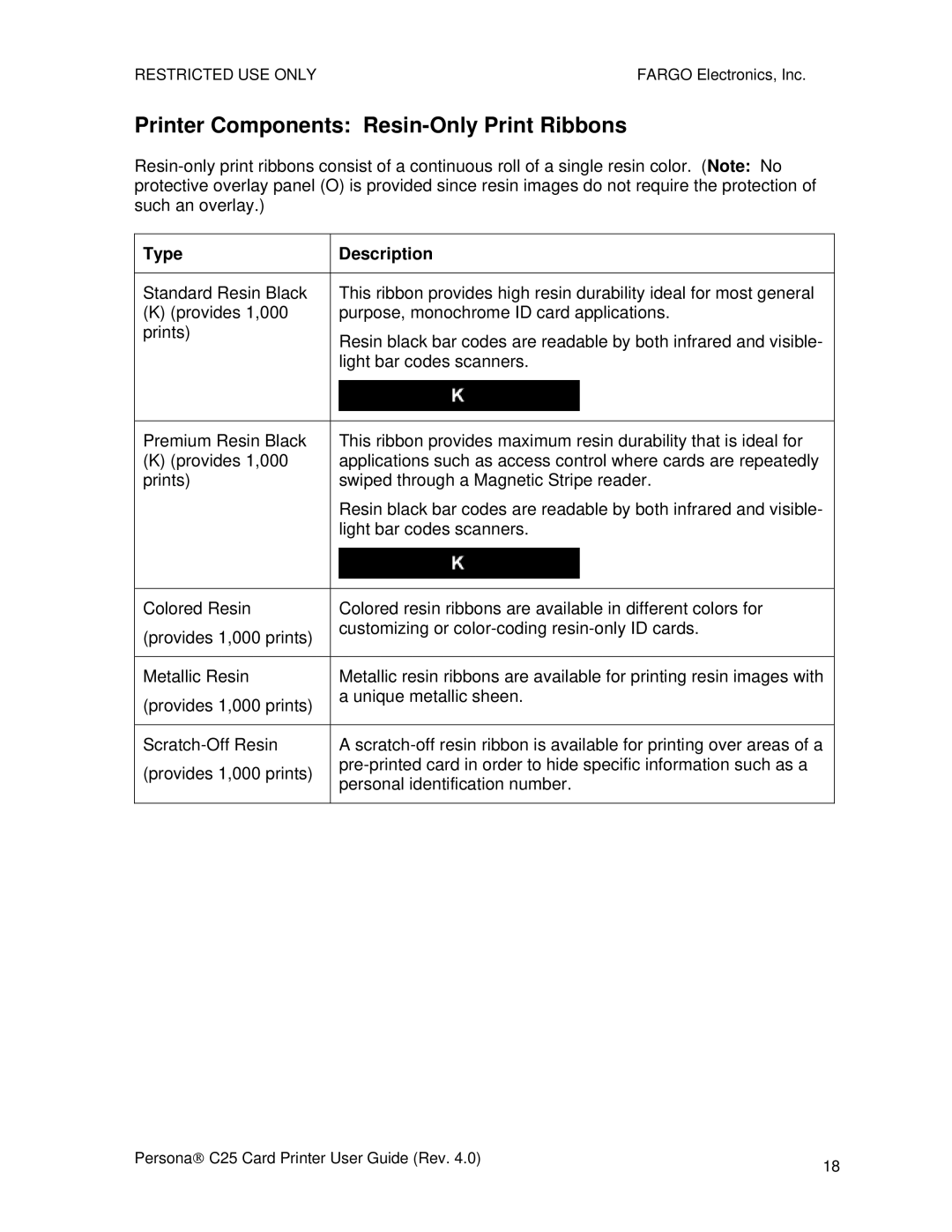 FARGO electronic S000256 manual Printer Components Resin-Only Print Ribbons, Type Description 