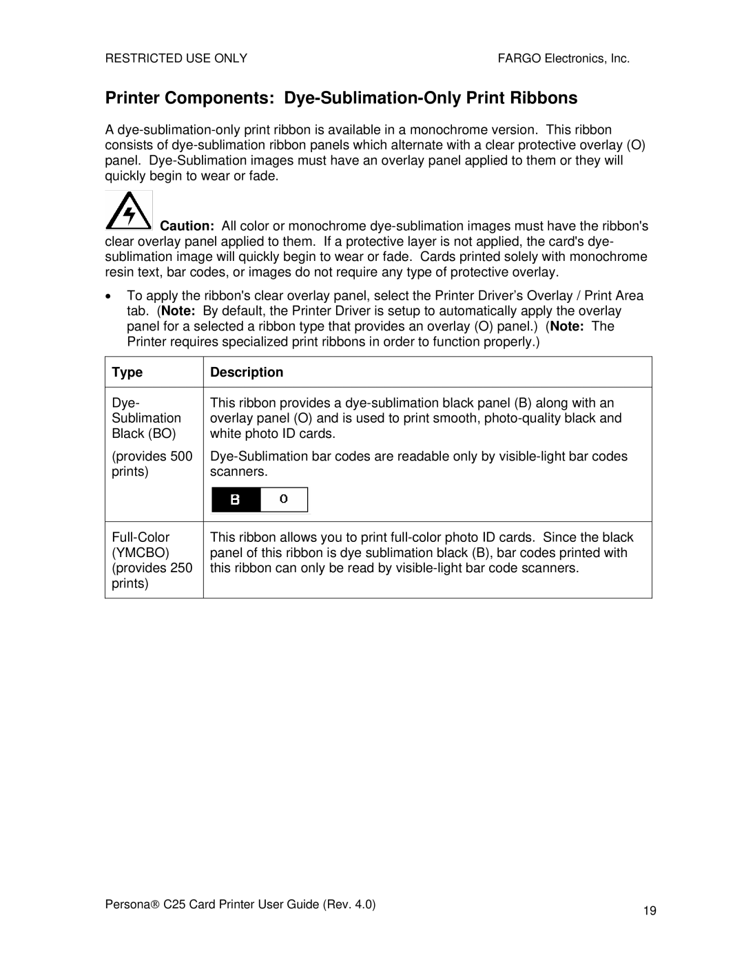 FARGO electronic S000256 manual Printer Components Dye-Sublimation-Only Print Ribbons, Ymcbo 