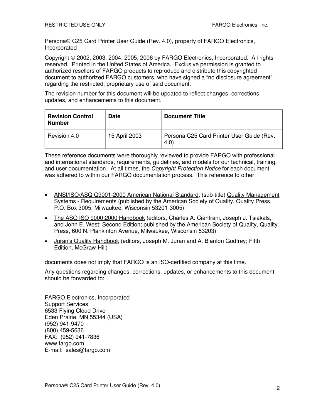 FARGO electronic S000256 manual Revision Control Date Document Title Number 