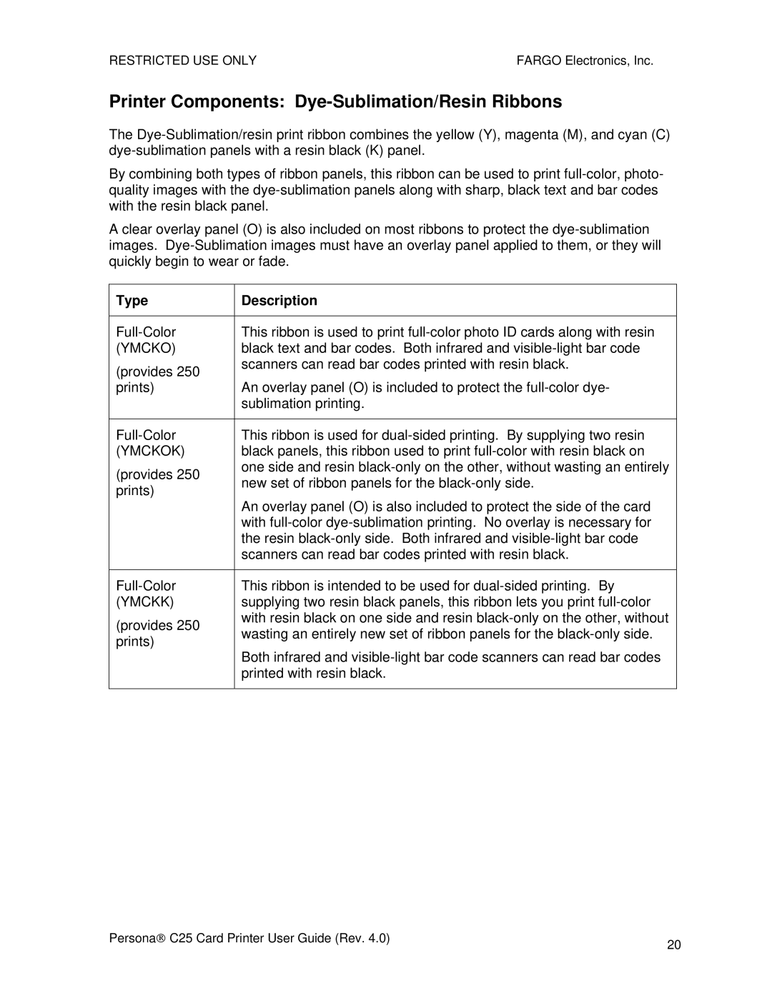 FARGO electronic S000256 manual Printer Components Dye-Sublimation/Resin Ribbons, Ymcko 