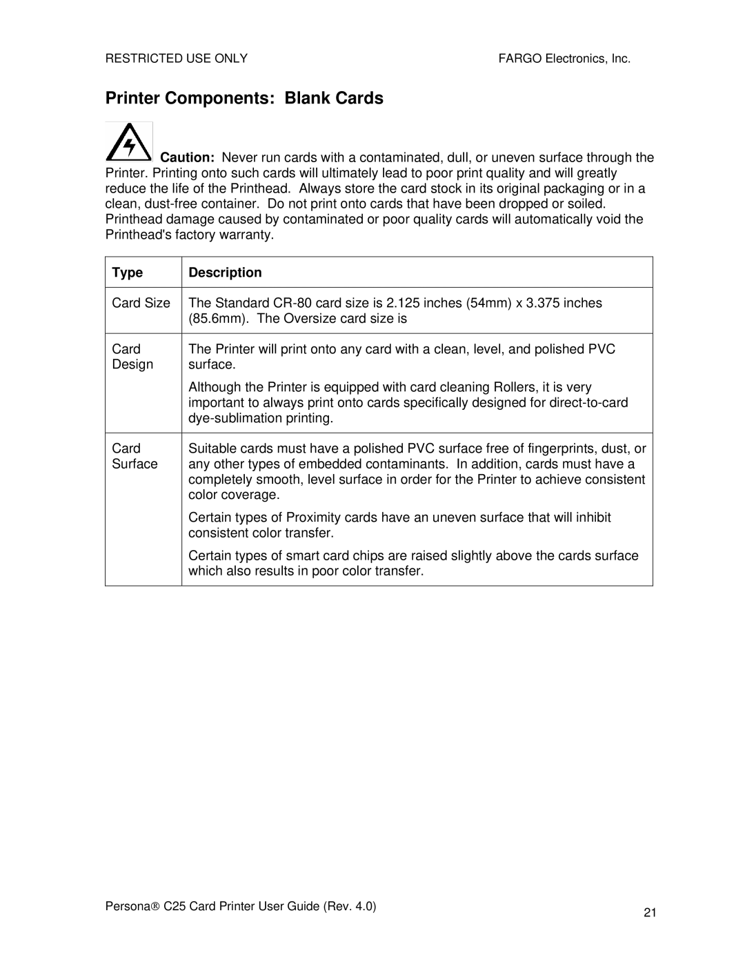 FARGO electronic S000256 manual Printer Components Blank Cards 