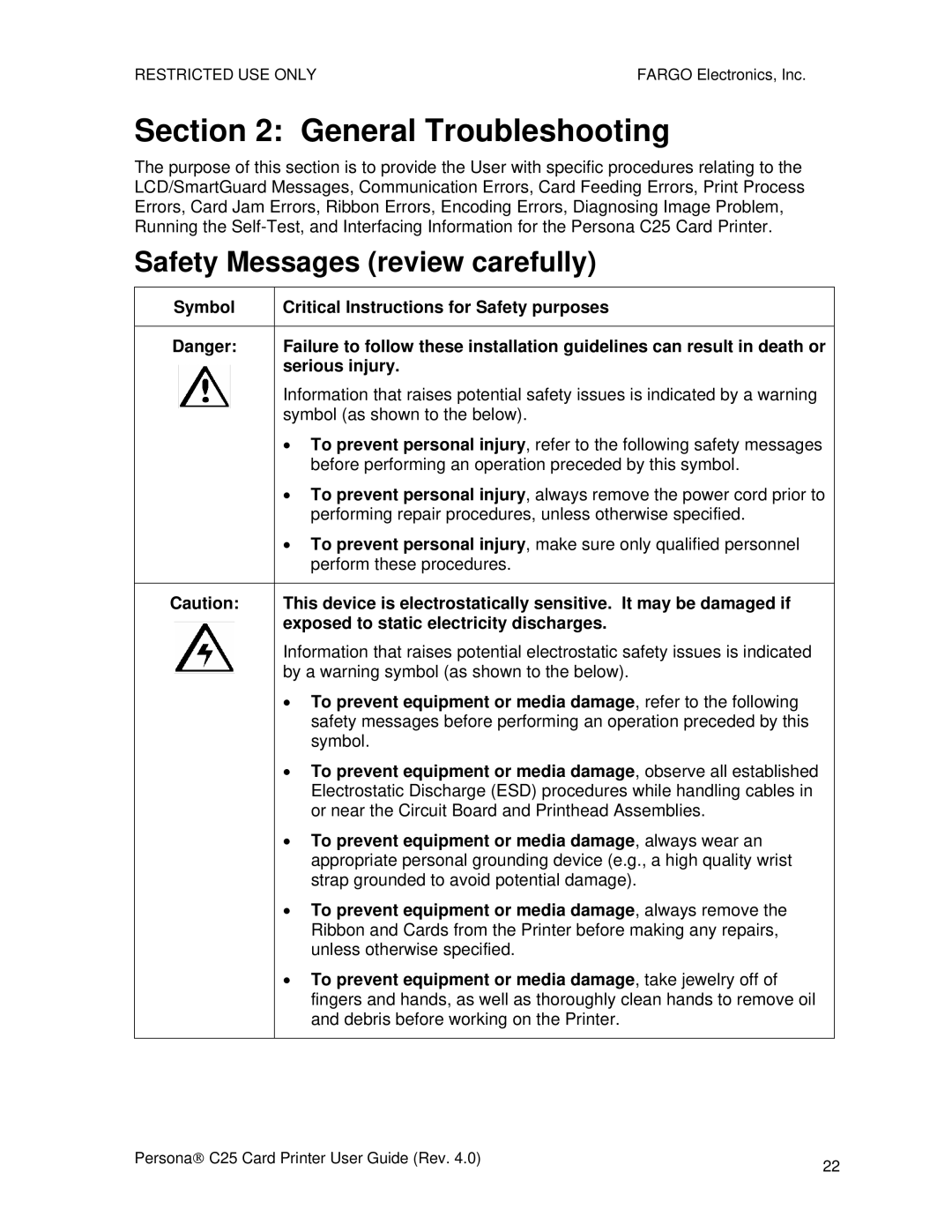 FARGO electronic S000256 manual General Troubleshooting 