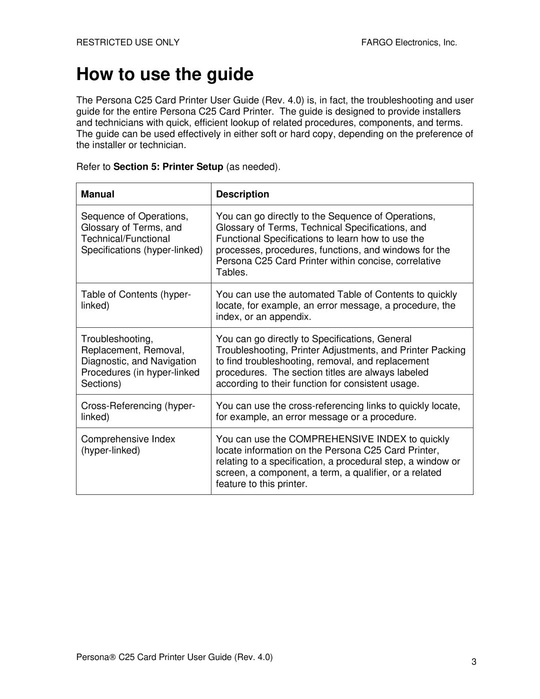 FARGO electronic S000256 manual How to use the guide, Refer to Printer Setup as needed Manual Description 