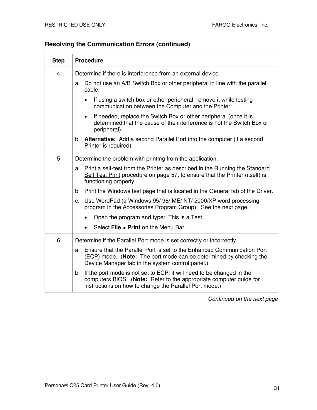 FARGO electronic S000256 manual Resolving the Communication Errors 