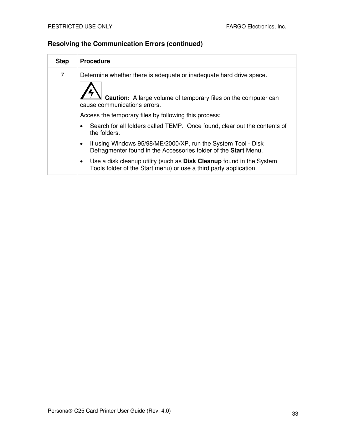 FARGO electronic S000256 manual Resolving the Communication Errors 