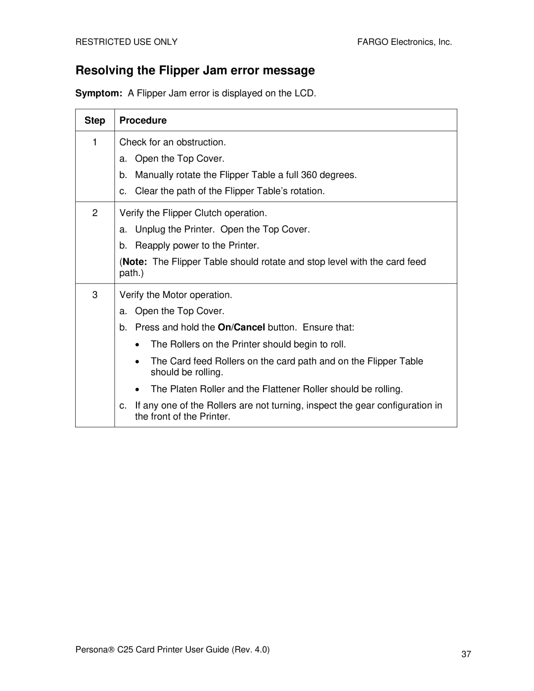 FARGO electronic S000256 manual Resolving the Flipper Jam error message 