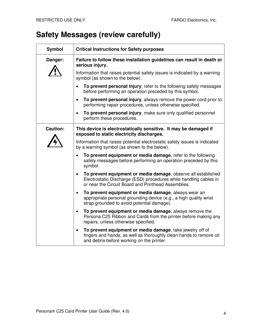 FARGO electronic S000256 manual Safety Messages review carefully, Exposed to static electricity discharges 