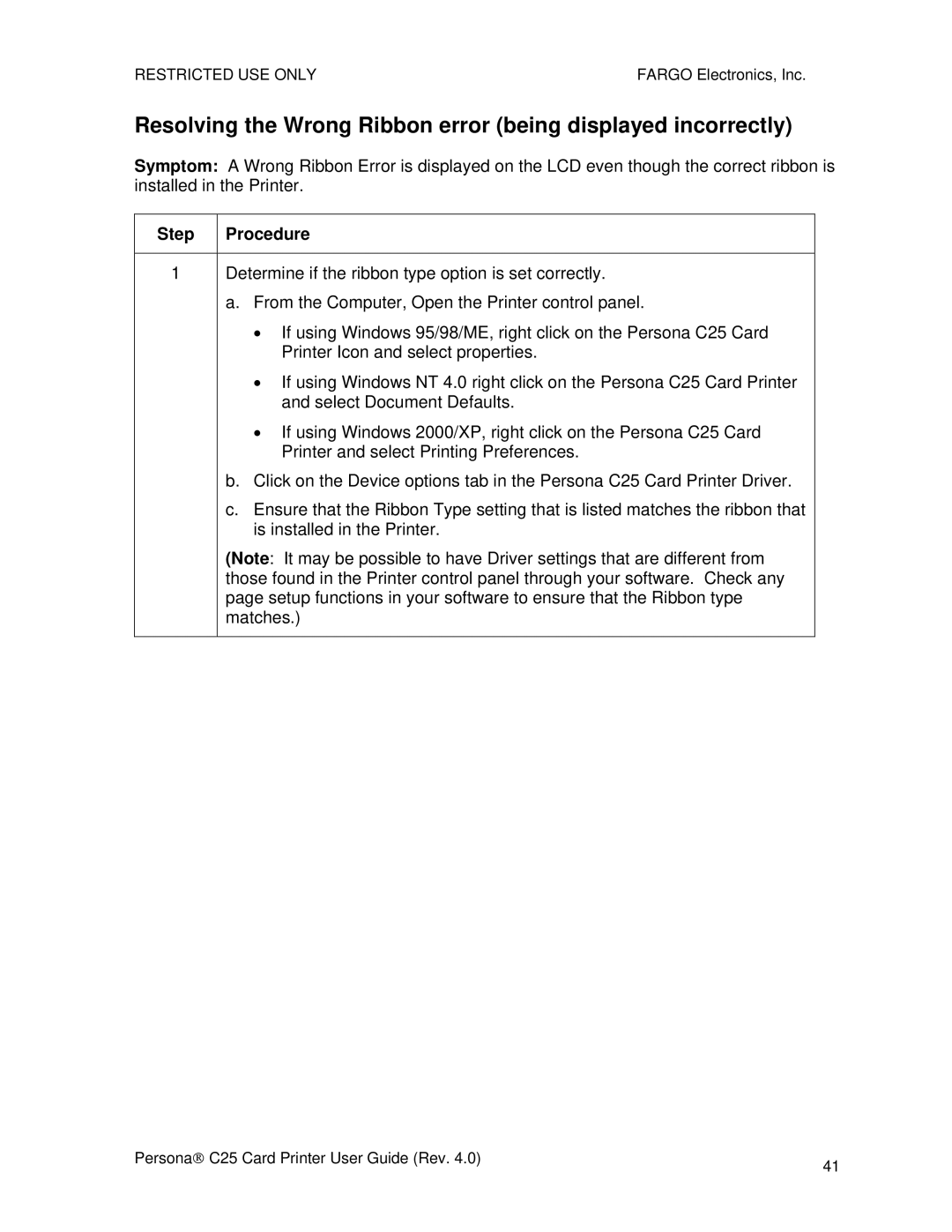 FARGO electronic S000256 manual Resolving the Wrong Ribbon error being displayed incorrectly 