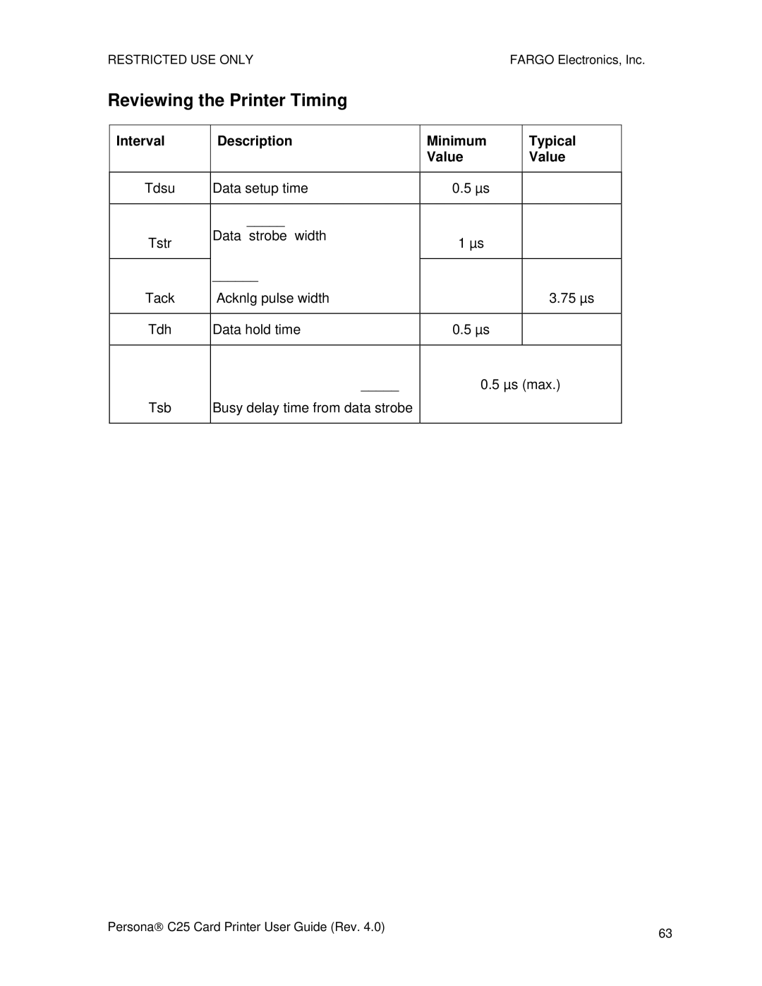 FARGO electronic S000256 manual Reviewing the Printer Timing, Interval Description Minimum Typical Value 