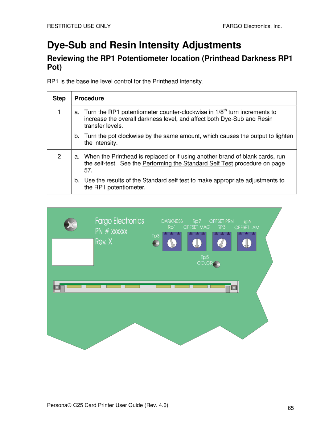 FARGO electronic S000256 manual Dye-Sub and Resin Intensity Adjustments, RP1 potentiometer 