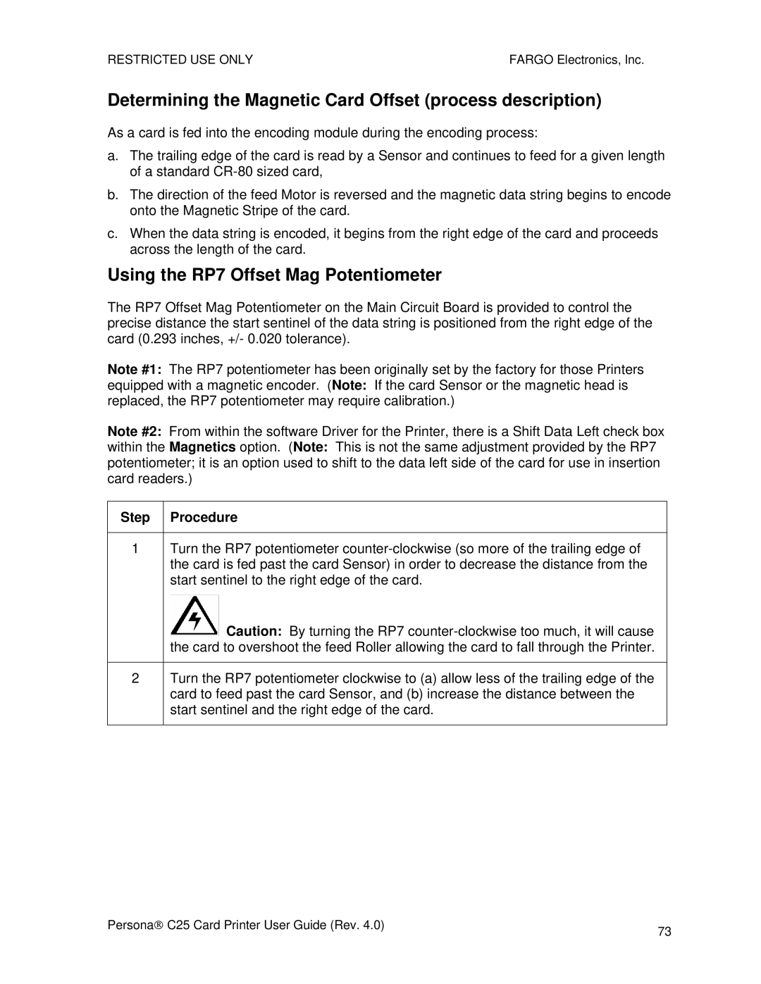 FARGO electronic S000256 Determining the Magnetic Card Offset process description, Using the RP7 Offset Mag Potentiometer 