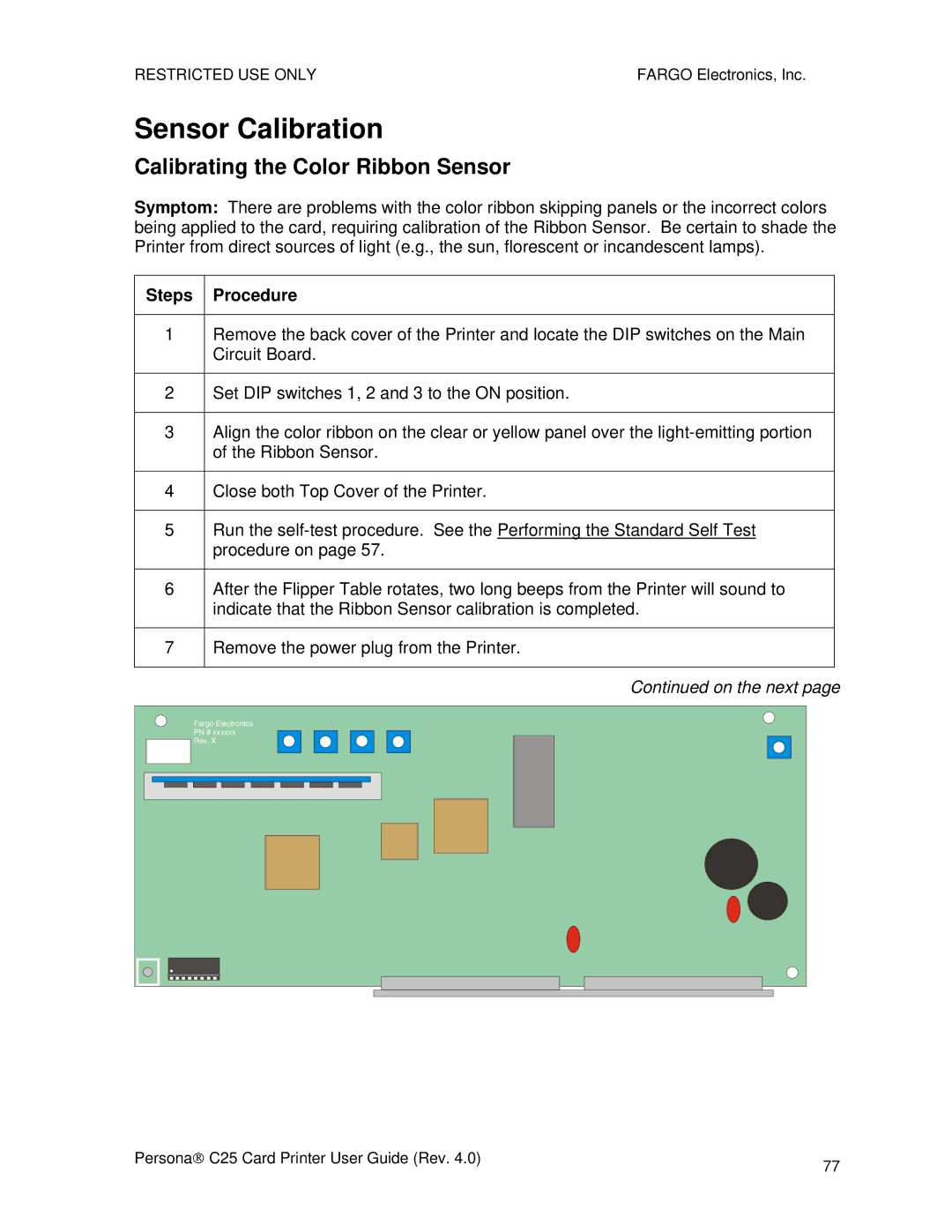 FARGO electronic S000256 manual Sensor Calibration, Calibrating the Color Ribbon Sensor, Steps Procedure 