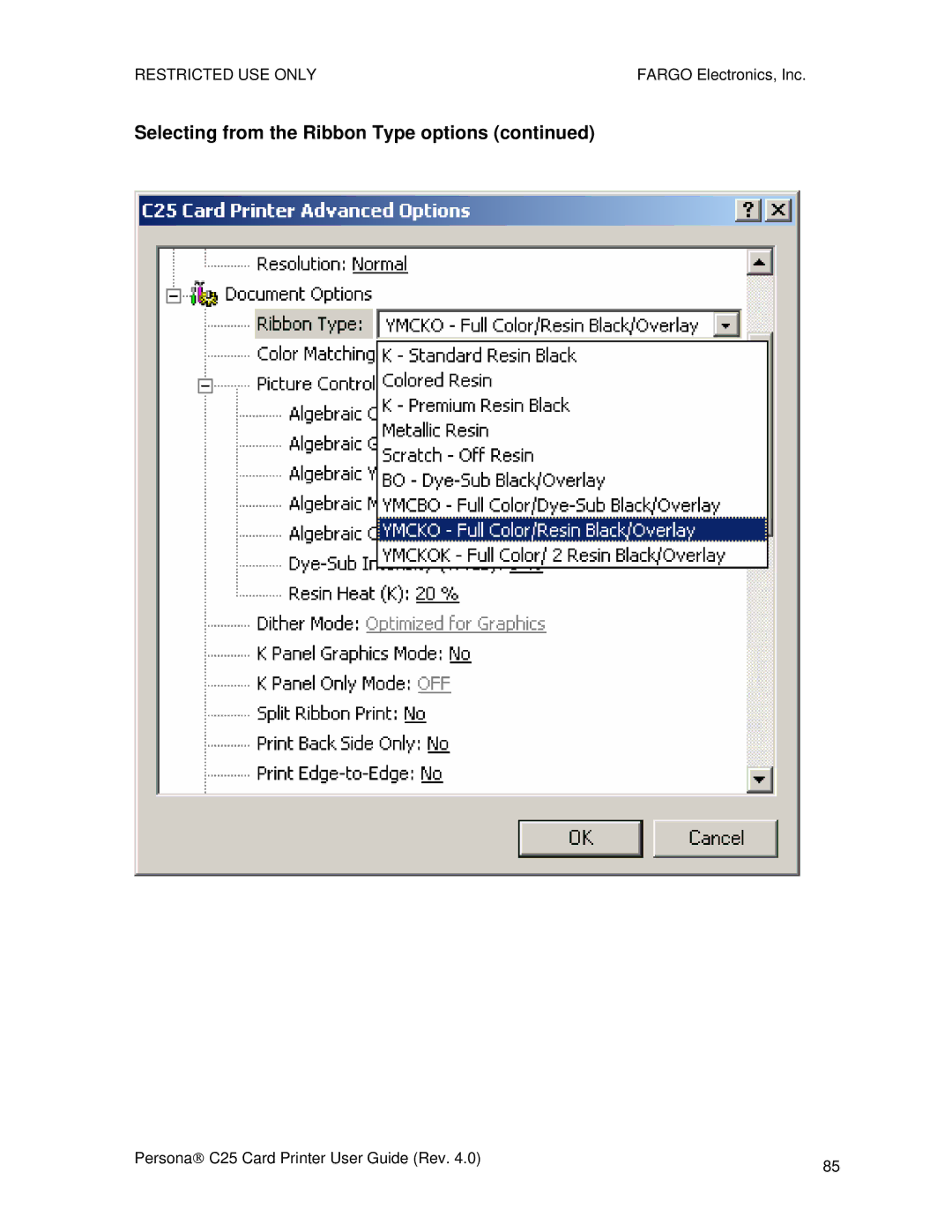 FARGO electronic S000256 manual Selecting from the Ribbon Type options 