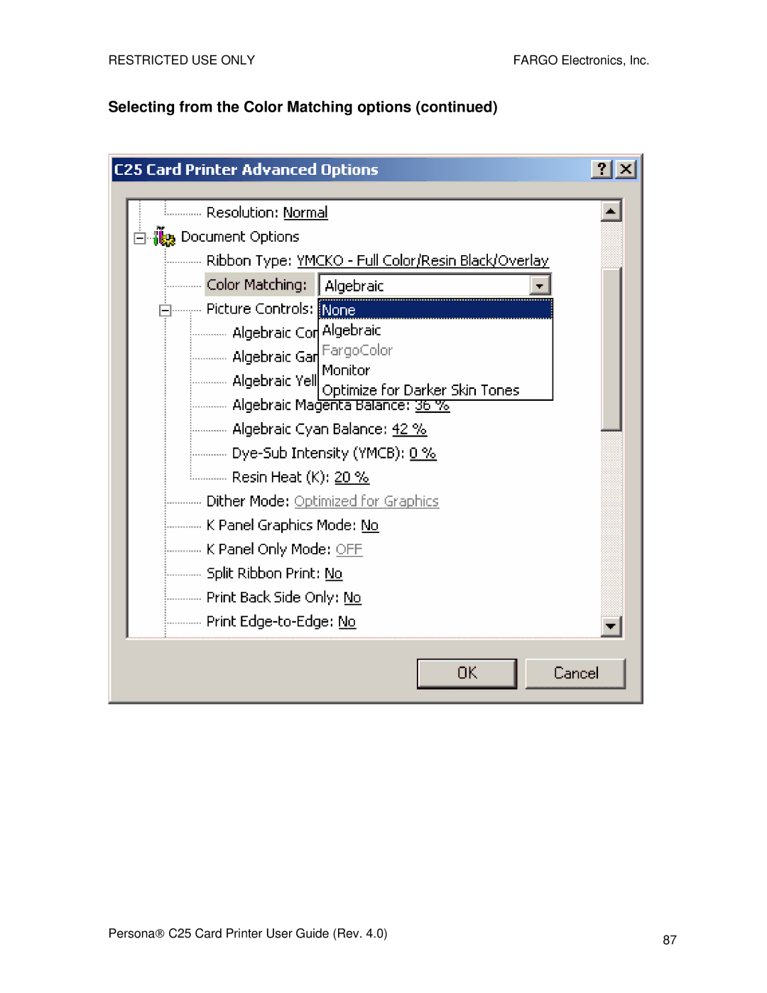 FARGO electronic S000256 manual Selecting from the Color Matching options 