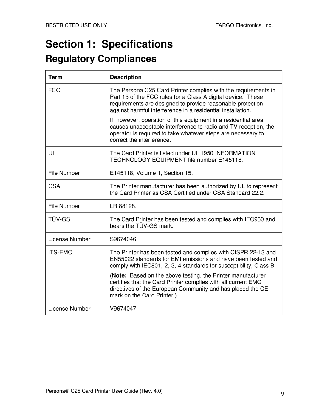 FARGO electronic S000256 manual Regulatory Compliances, Term Description 