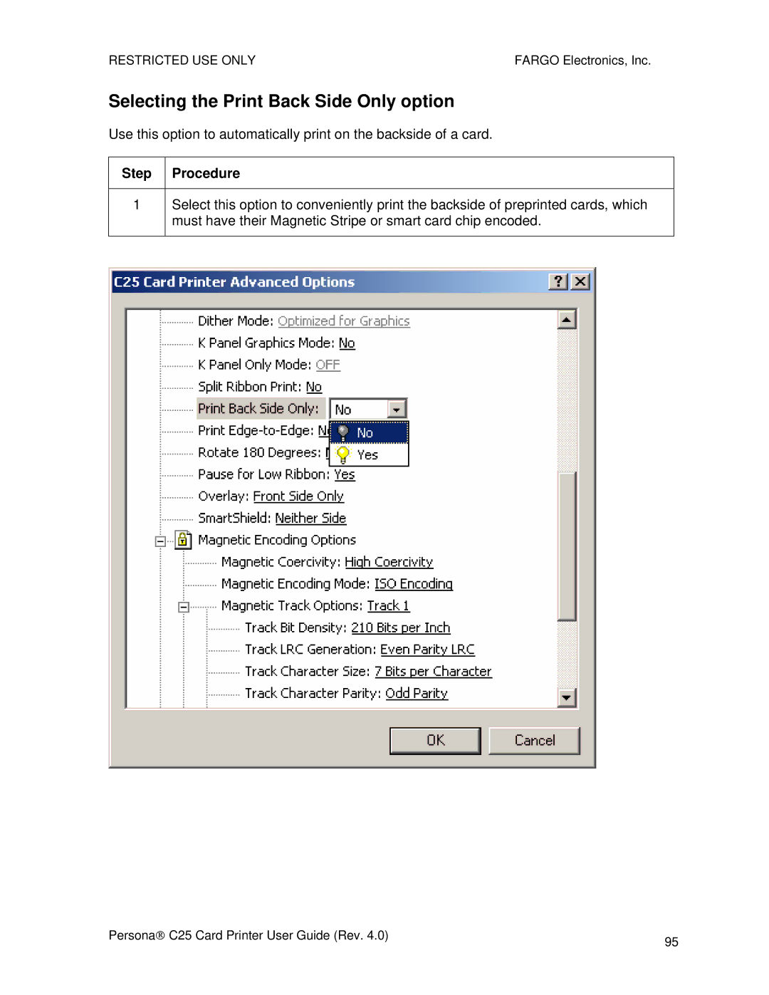 FARGO electronic S000256 manual Selecting the Print Back Side Only option 