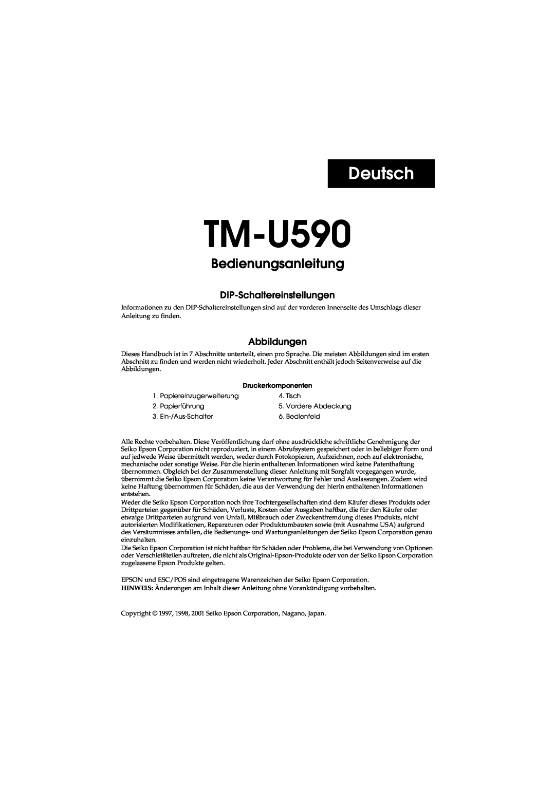 FARGO electronic TM-U590 user manual Deutsch, Bedienungsanleitung, DIP-Schaltereinstellungen, Abbildungen 