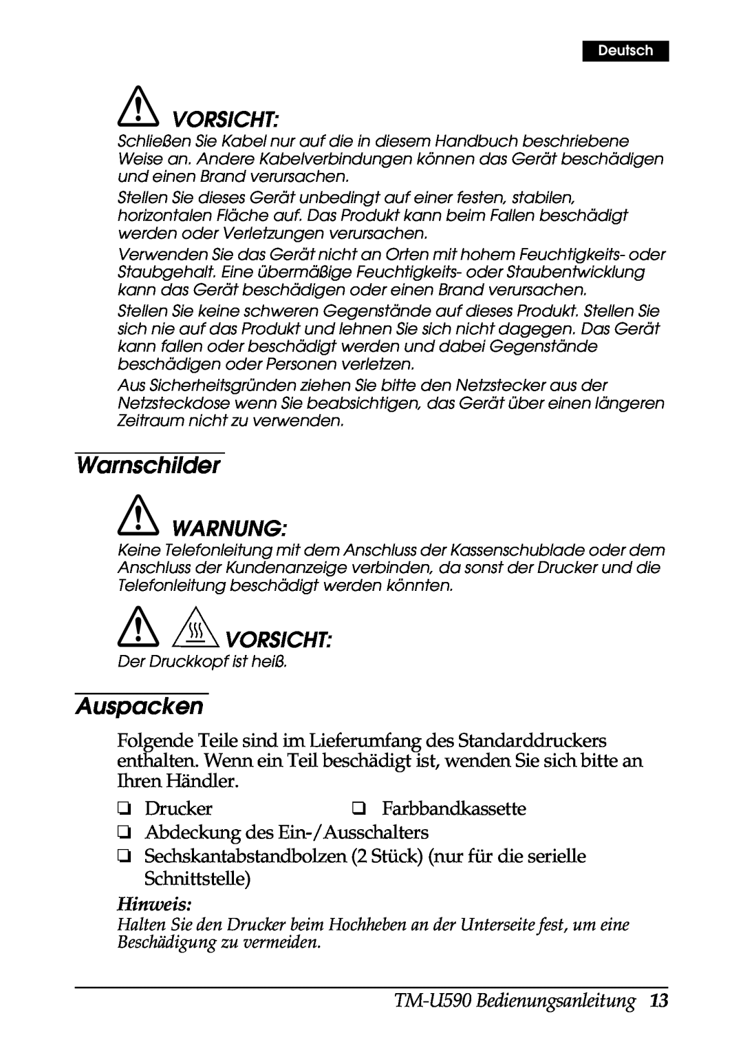 FARGO electronic user manual Warnschilder, Auspacken, Vorsicht, Hinweis, TM-U590 Bedienungsanleitung, Warnung 