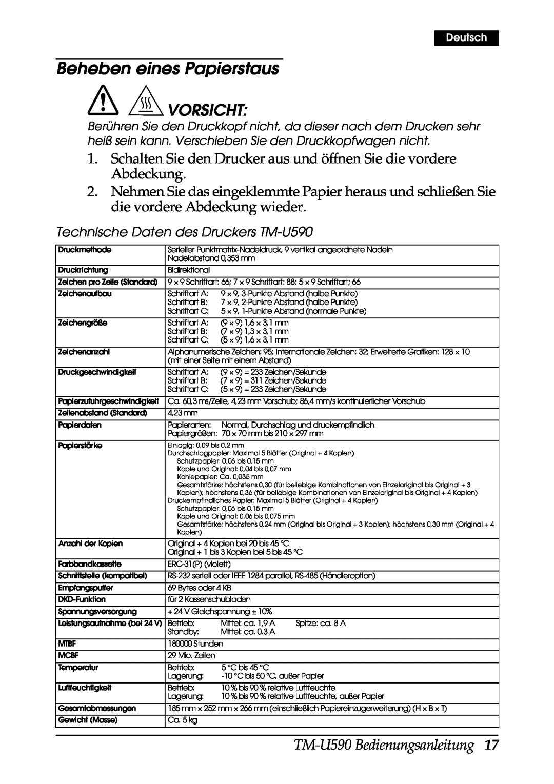 FARGO electronic user manual Beheben eines Papierstaus, Vorsicht, TM-U590 Bedienungsanleitung, Deutsch 