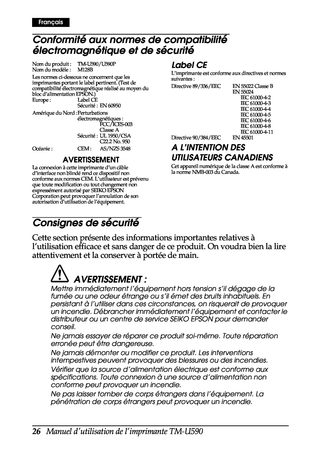FARGO electronic user manual Consignes de sécurité, Avertissement, Label CE, Manuel dutilisation de l’imprimante TM-U590 