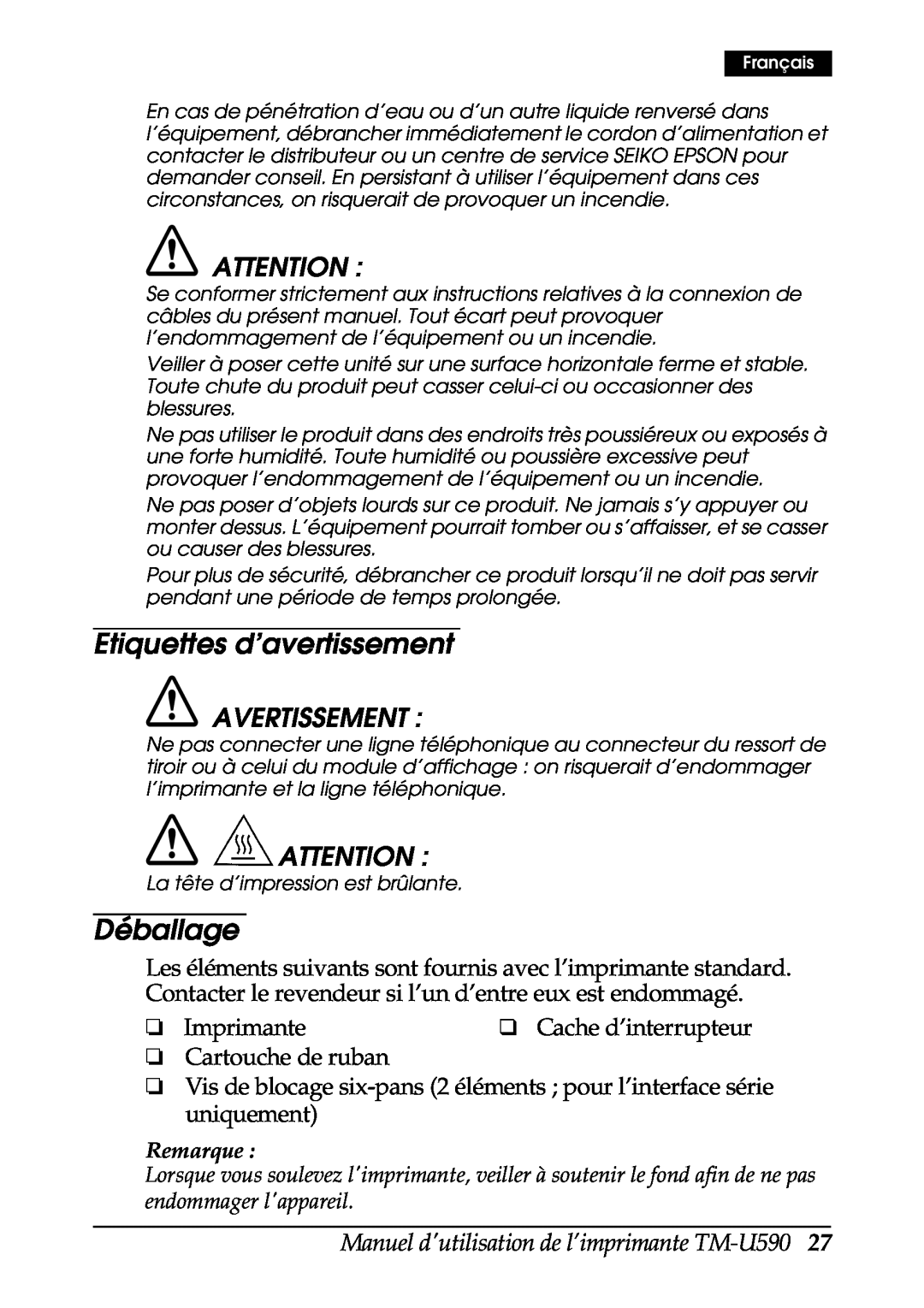 FARGO electronic Etiquettes d’avertissement, Déballage, Manuel dutilisation de l’imprimante TM-U590, Avertissement 