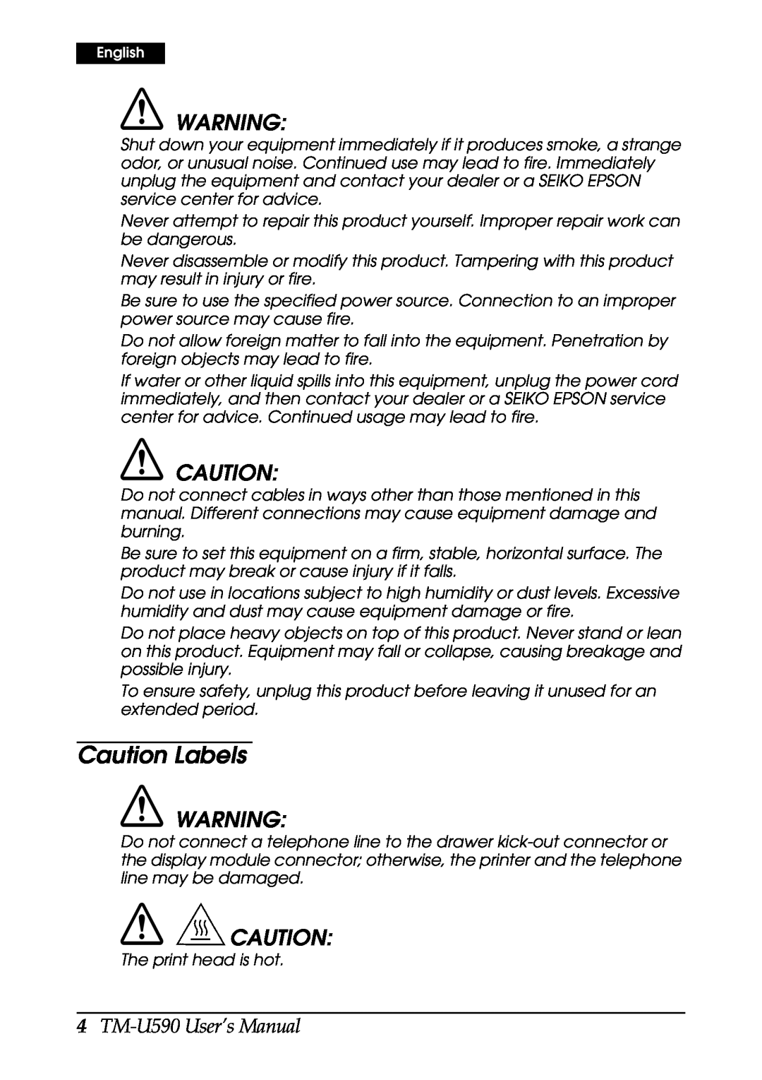 FARGO electronic user manual Caution Labels, TM-U590 User’s Manual 