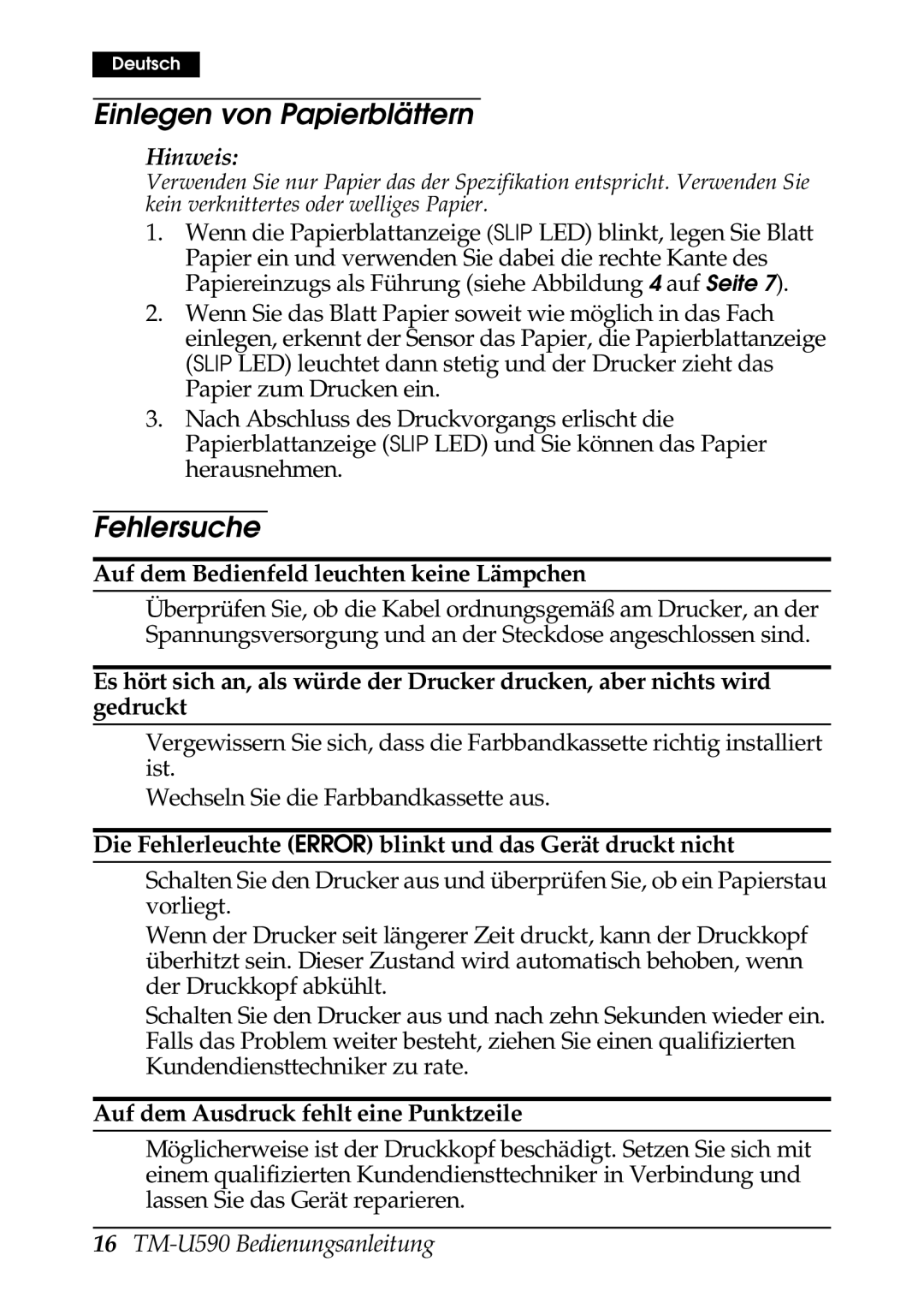 FARGO electronic TM-U590 user manual Einlegen von Papierblättern, Fehlersuche, Auf dem Bedienfeld leuchten keine Lämpchen 