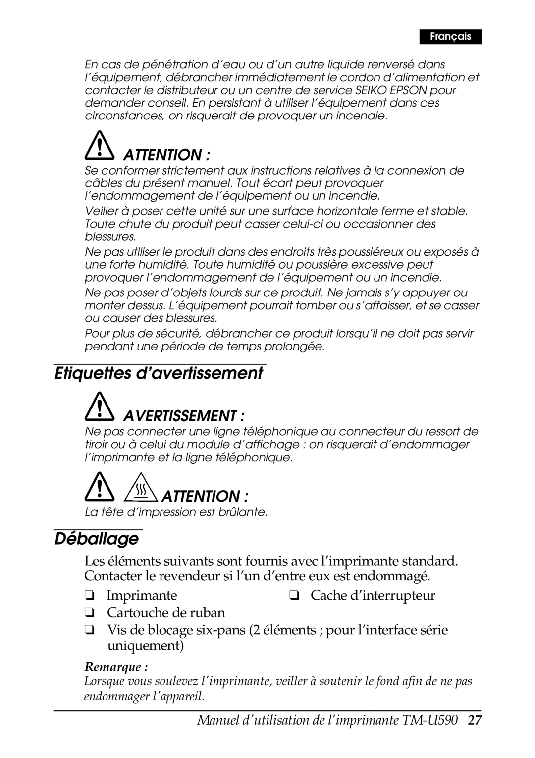 FARGO electronic TM-U590 user manual Etiquettes d’avertissement, Déballage 