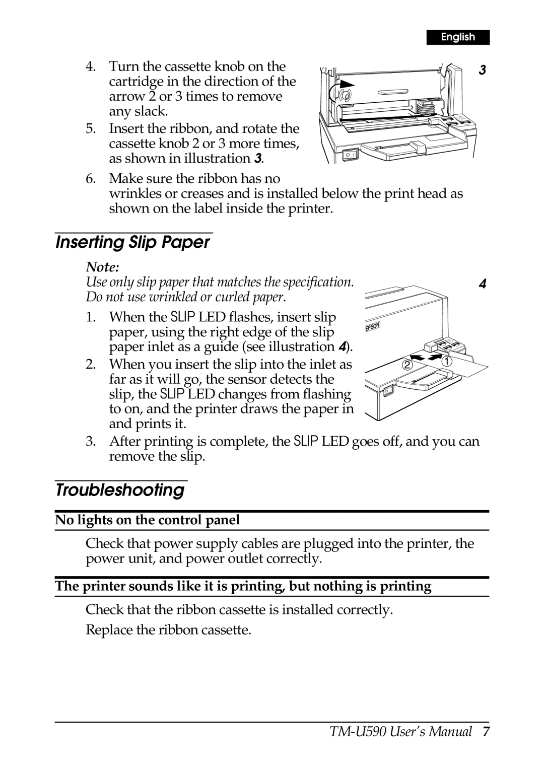 FARGO electronic TM-U590 user manual Inserting Slip Paper, Troubleshooting, No lights on the control panel 