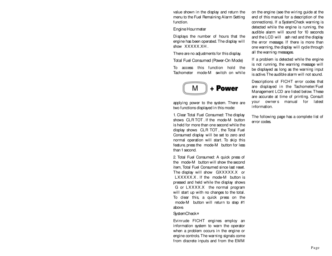 Faria Instruments FICHT Engines, 2141 owner manual Engine Hourmeter, Total Fuel Consumed Power-On Mode, SystemCheck 