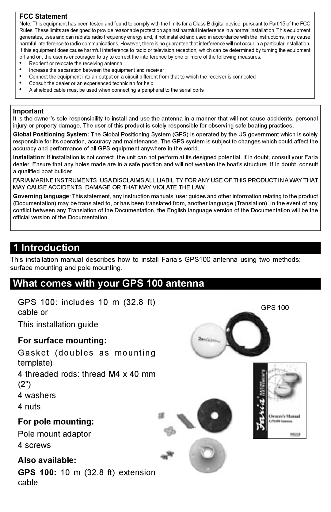 Faria Instruments GPS100 manual Introduction, What comes with your GPS 100 antenna, FCC Statement 