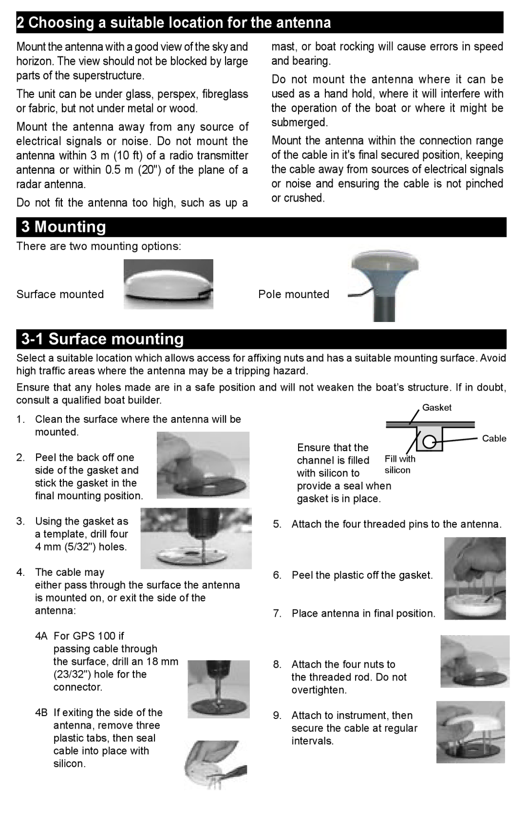 Faria Instruments GPS100 manual Choosing a suitable location for the antenna, Mounting, Surface mounting 