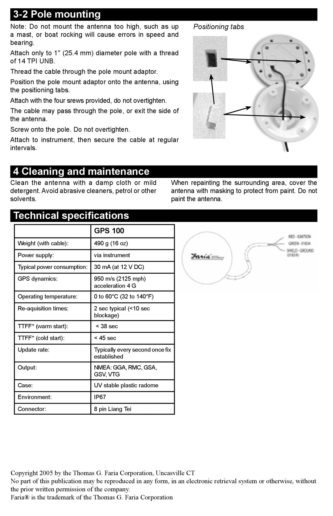 Faria Instruments GPS100 manual Pole mounting, Cleaning and maintenance, Technical speciﬁcations, Gps 