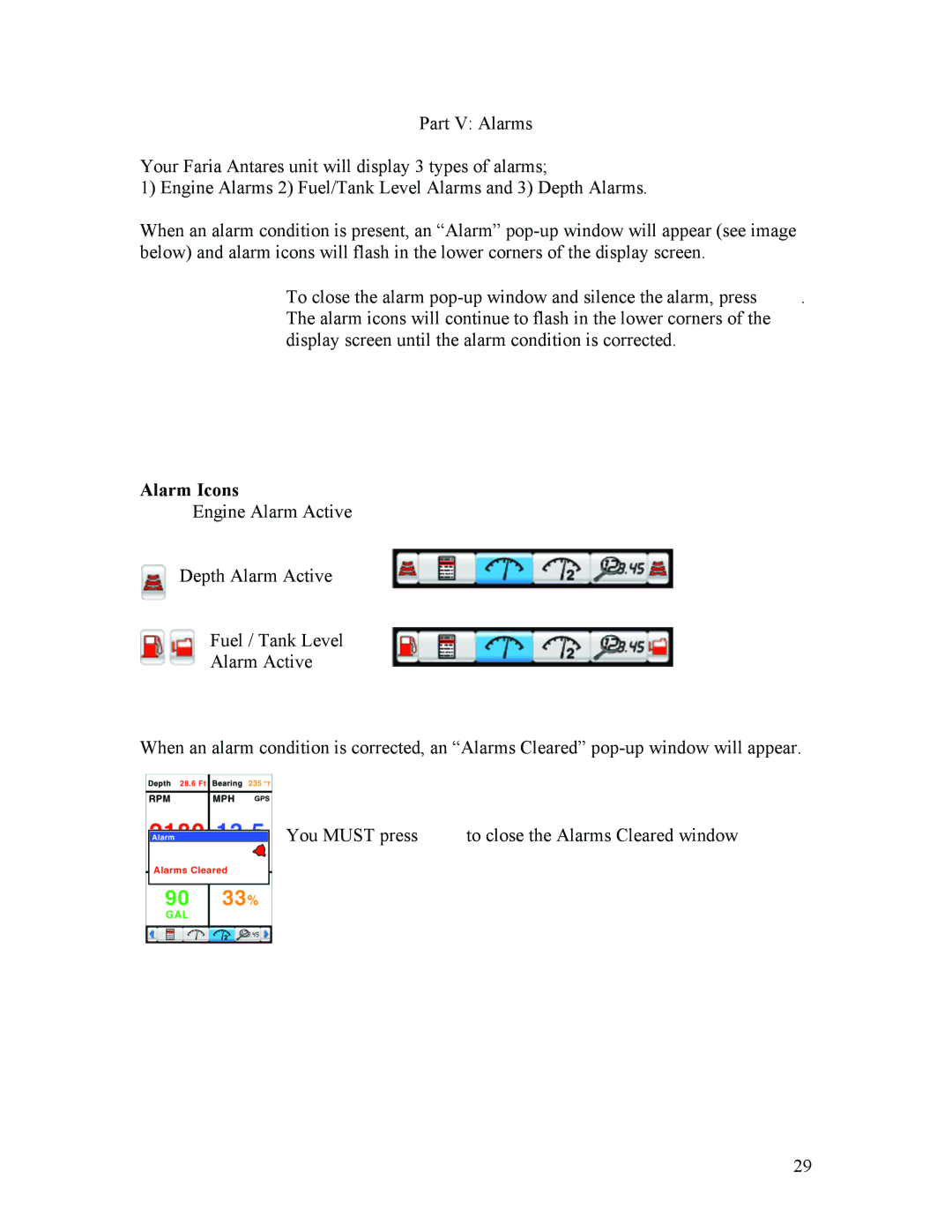 Faria Instruments IS0250a owner manual Alarm Icons 