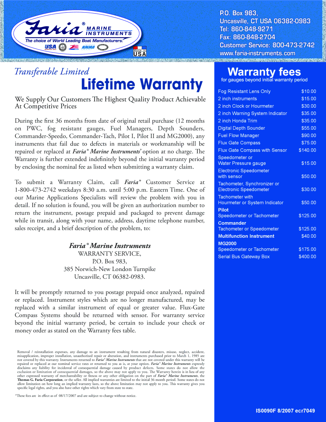 Faria Instruments IS0250a owner manual Faria Marine Instruments 