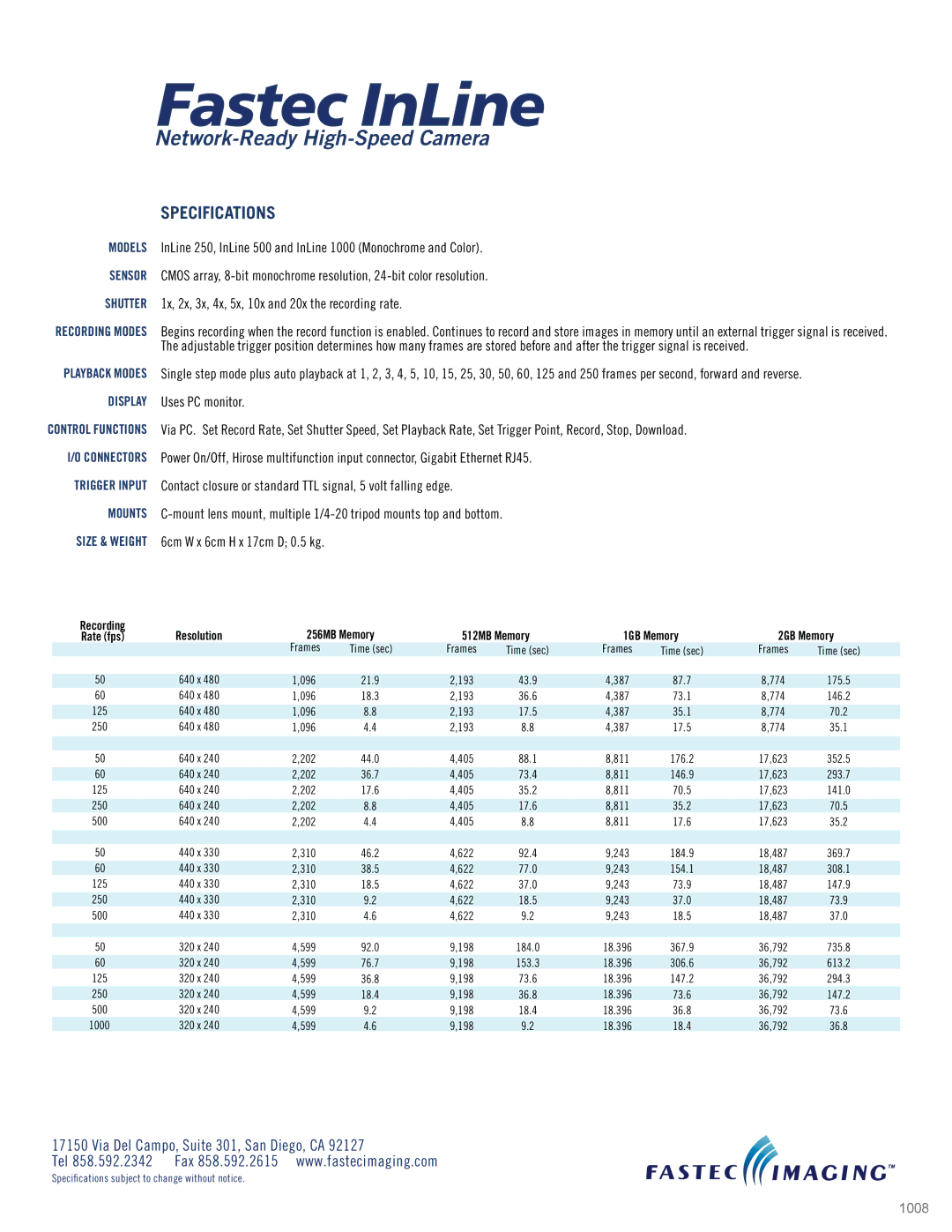 Fastec Imaging manual Fastec InLine, Network-Ready High-Speed Camera, Specifications, Recording 