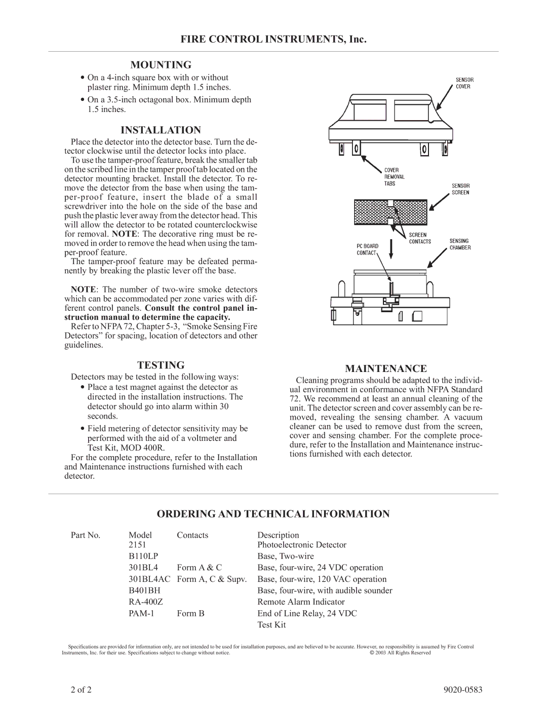 FCI Home Appliances 2151 Mounting, Installation, Testing, Maintenance, Ordering and Technical Information 