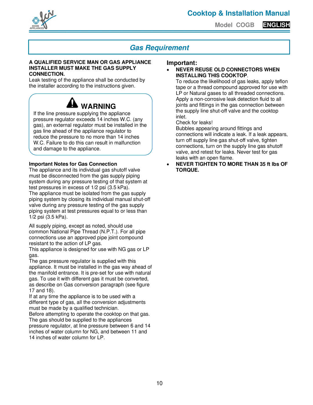 FCI Home Appliances COGB33062/SS, COGB33060/BL, COGB 33060/L/BL Gas Requirement, Important Notes for Gas Connection 