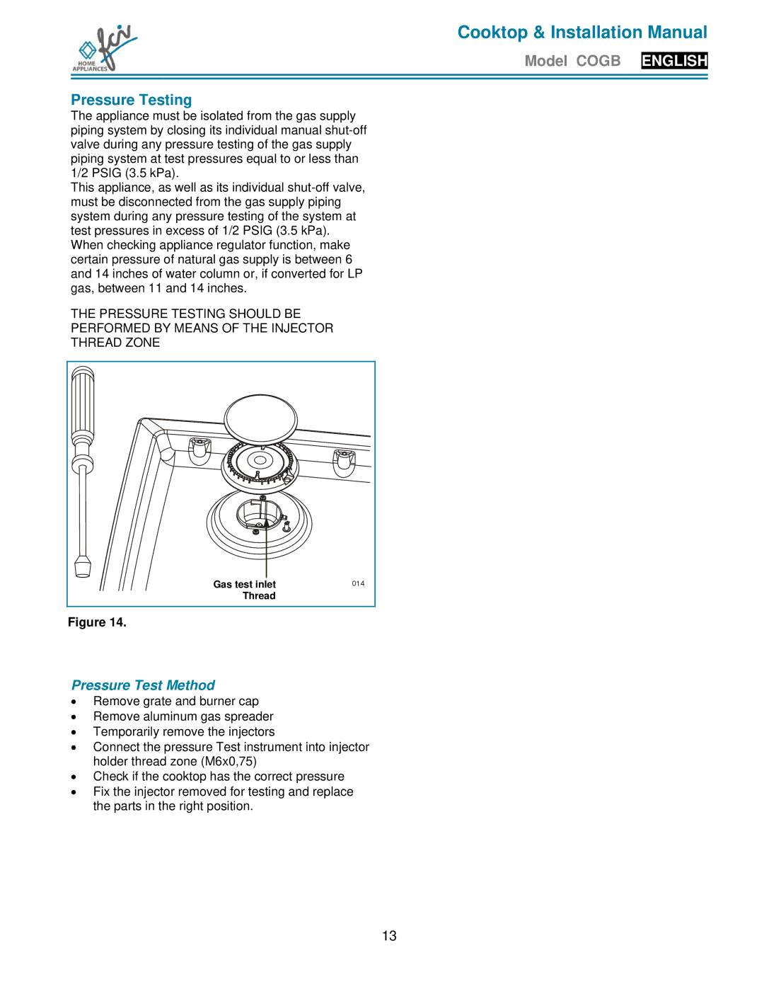 FCI Home Appliances COGB 33060/L/BL, COGB33060/BL, COGB 33061/L/WH, COGB33061/WH Pressure Testing, Pressure Test Method 