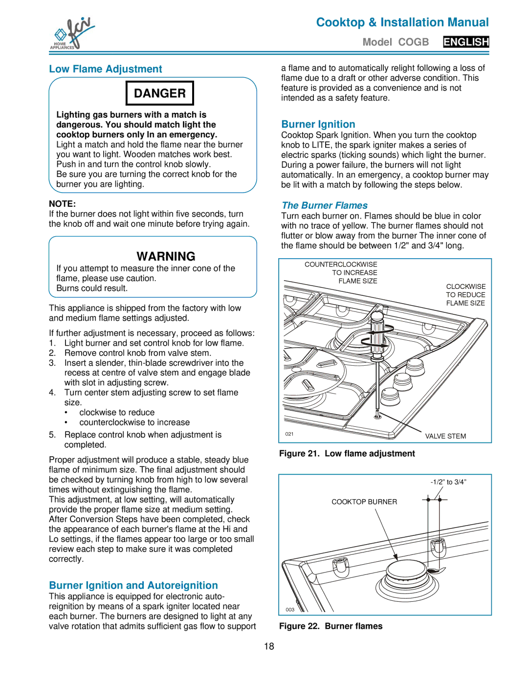 FCI Home Appliances COGB33060/BL, COGB 33060/L/BL Low Flame Adjustment, Burner Ignition and Autoreignition, Burner Flames 