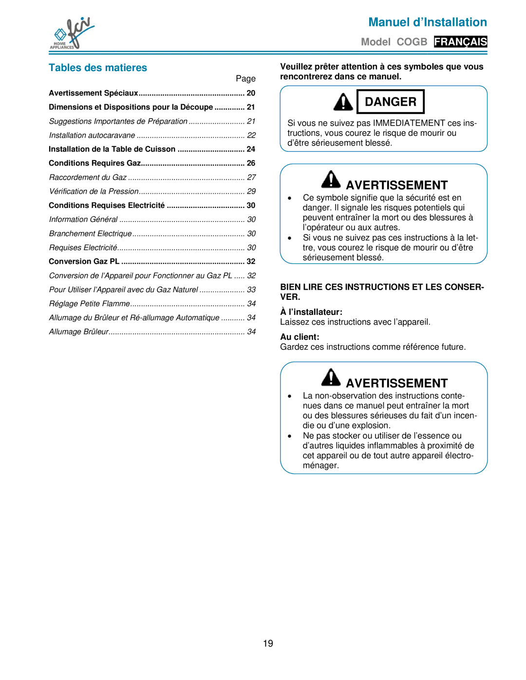 FCI Home Appliances COGB 33060/L/BL, COGB33060/BL, COGB 33061/L/WH Tables des matieres, ’installateur, Au client 