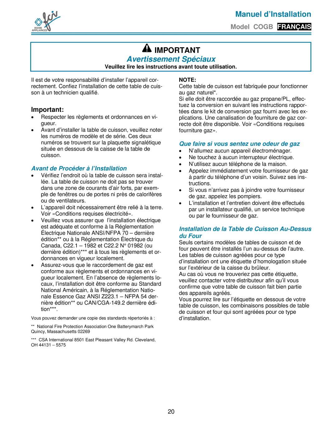 FCI Home Appliances COGB 33061/L/WH, COGB33060/BL, COGB33061/WH Avertissement Spéciaux, Avant de Procéder à l’Installation 