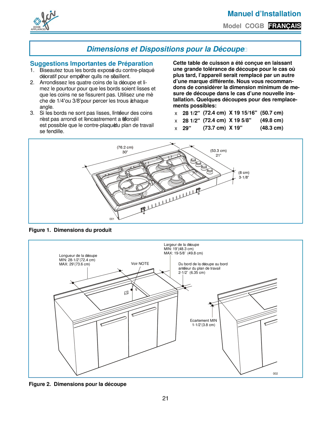 FCI Home Appliances COGB33061/WH Dimensions et Dispositions pour la Découpe, Suggestions Importantes de Préparation 